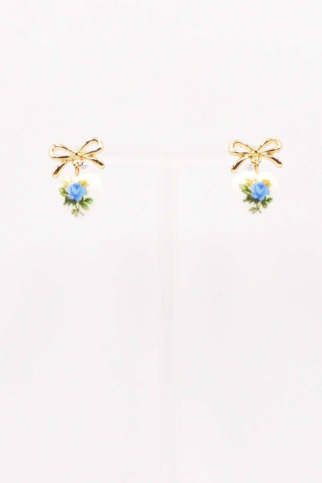 Small Gold Bow with Blue Vintage Rose Print Ceramic .5" Earring