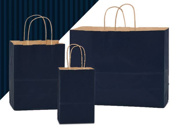 Recycled Shadow Stripe Kraft Paper Retail Shopping Bags: French Blue, 25 Pack, Vogue 16x6x13"