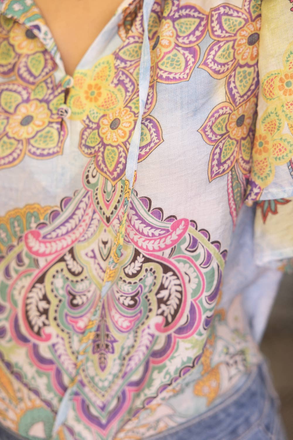 Mixed Paisley Print Double Ruffle Sleeve Top