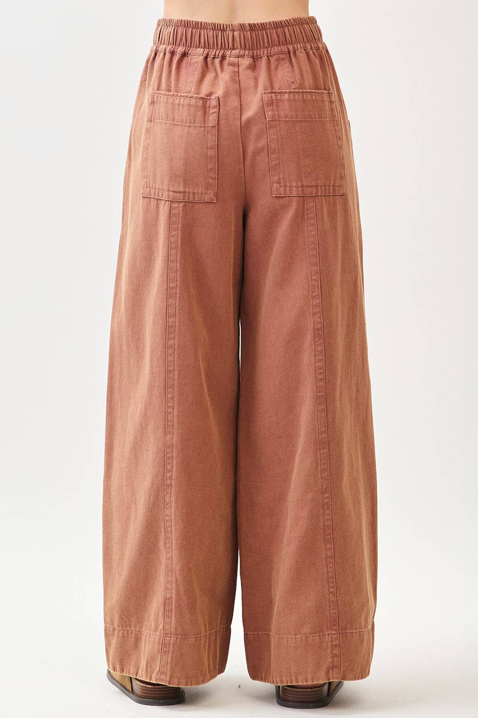 MINERAL WASH WIDE LEG ELASTIC WAIST TWILL PANTS: RED BEAN, S-M-L(2-2-2)