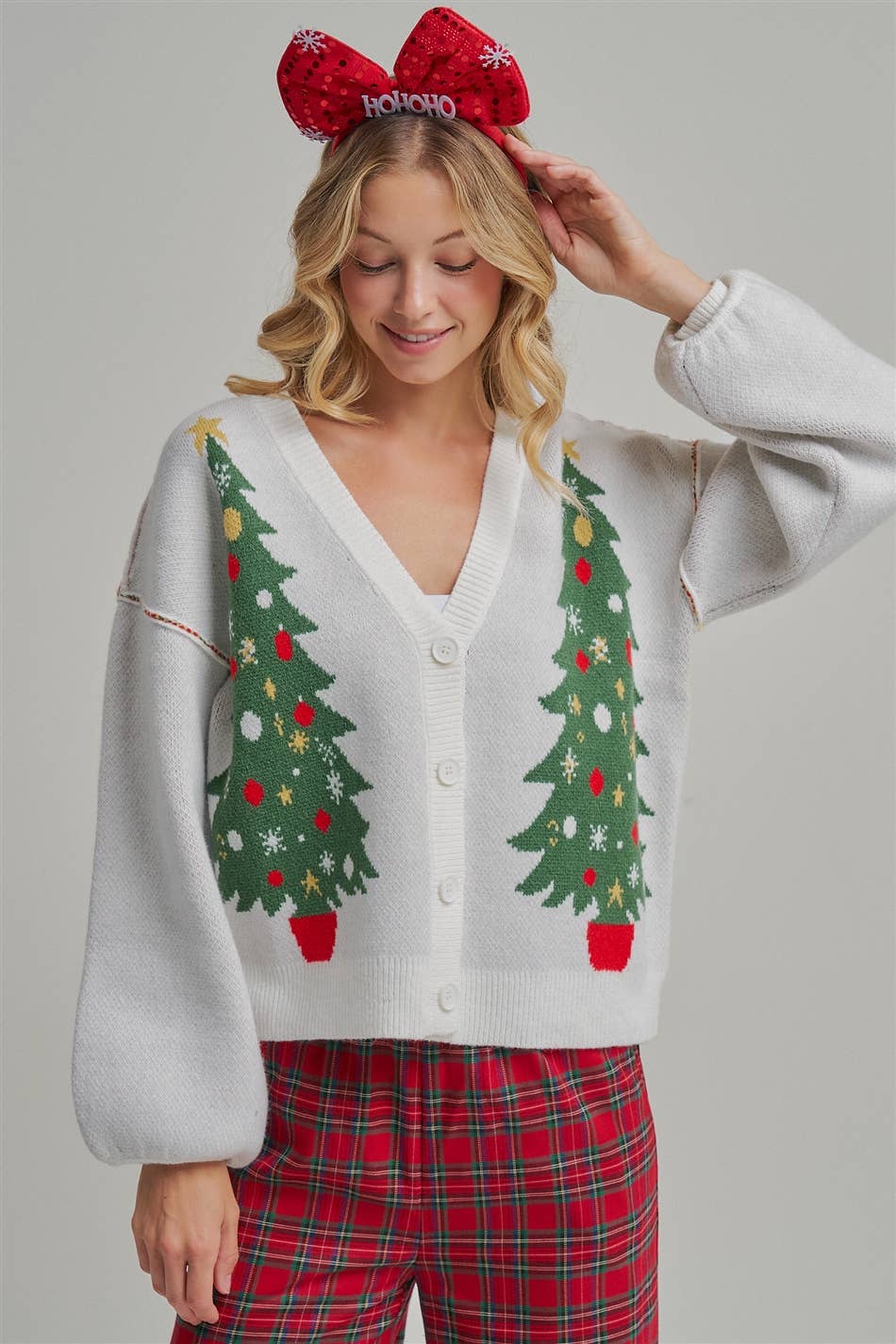 BIG CHRISTMAS TREE HOLIDAY BUTTON DOWN SWEATER CARDIGAN: OFF WHITE, S-M-L(2-2-2)