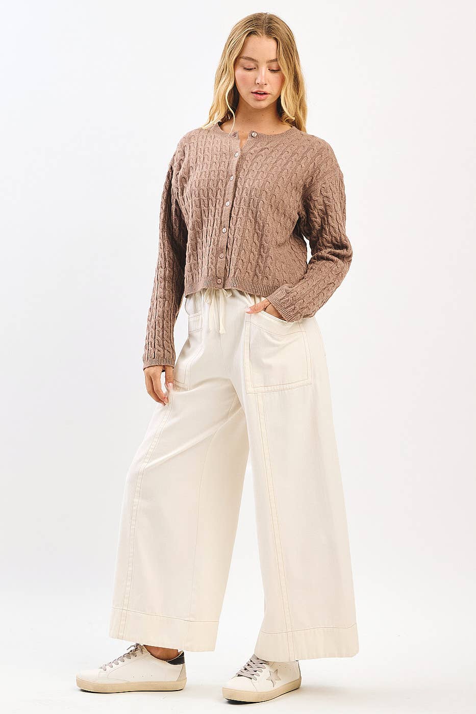 MINERAL WASH WIDE LEG ELASTIC WAIST TWILL PANTS: RED BEAN, S-M-L(2-2-2)