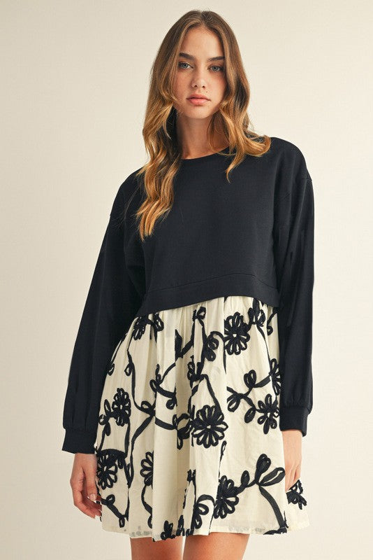 Monochrome Bloom Sweatshirt Dress