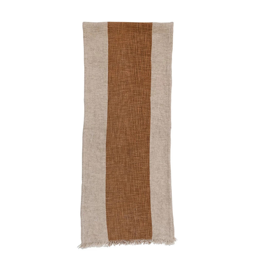 Cotton & Linen Table Runner w/ Stripe & Fringe, Natural & Brown