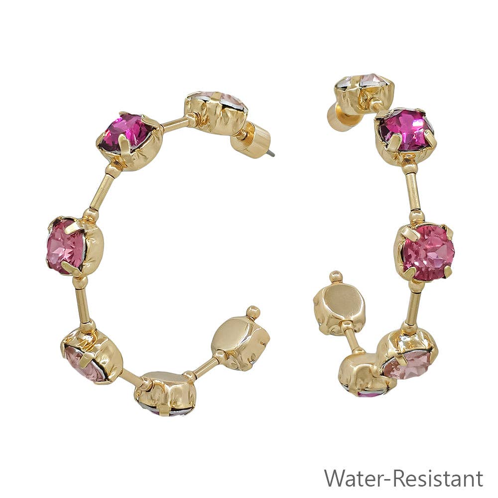 Water Resistant Gold Bar with Pink Crystal 2" Earring