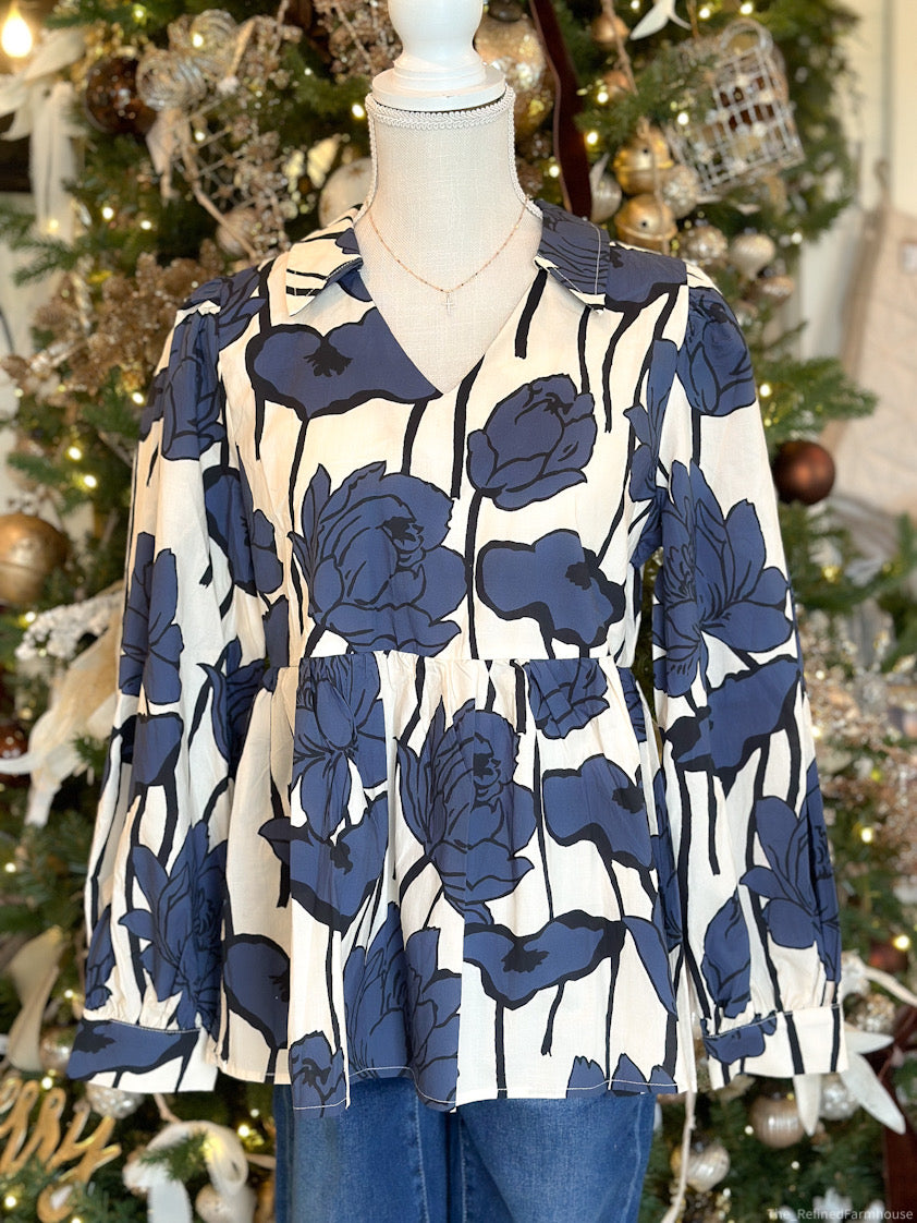 Floral Print Baby Doll Top Blue/Ivory