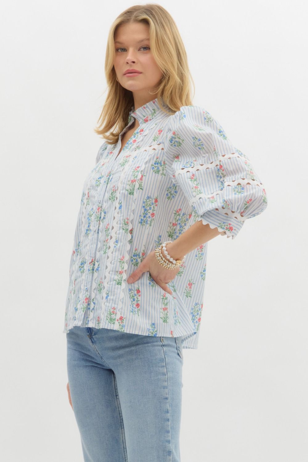Blue Floral Ric Rac Stripe Top
