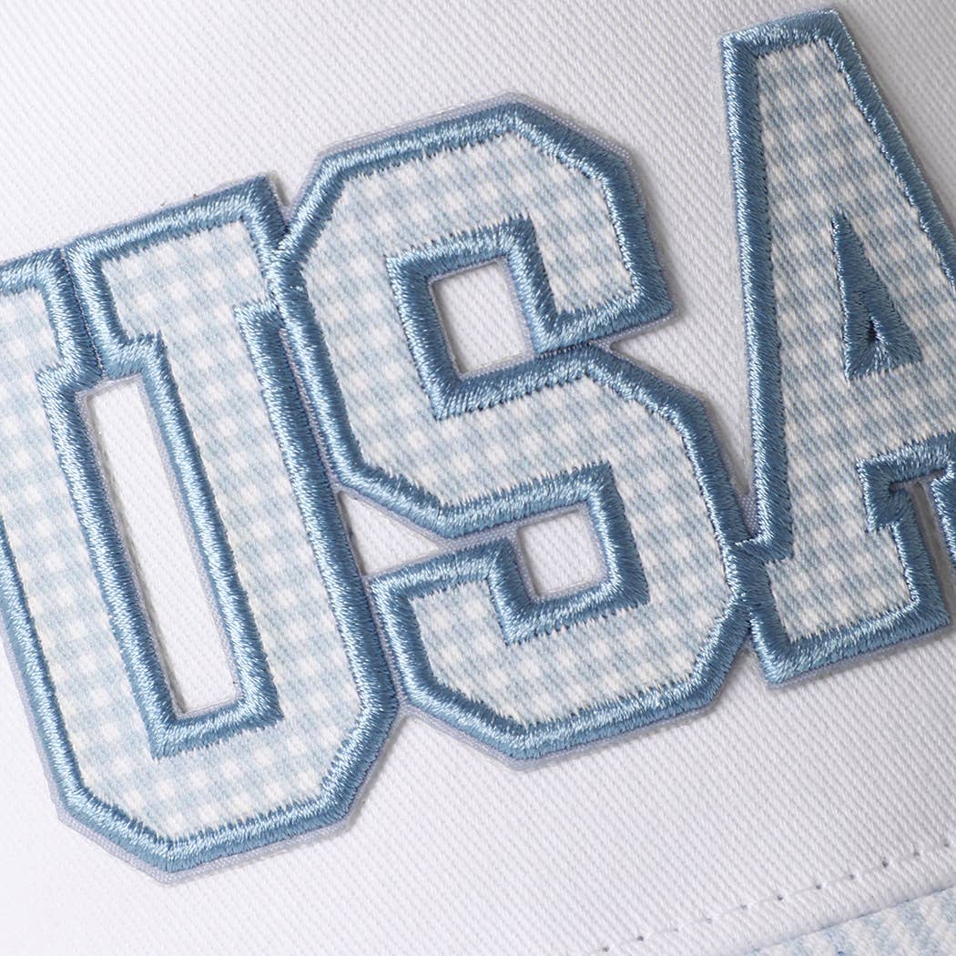 USA Gingham Embroidered Patch Stripe Brim Trucker Hat: BLUE, One Size
