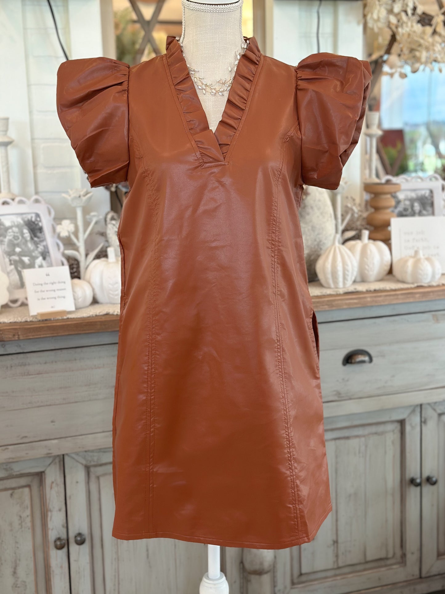 Solid Faux Leather V-Neck Dress - Cognac