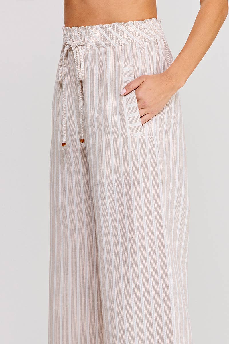 Striped Woven Smock Tie Waist Wide Leg Pants: Sand, L