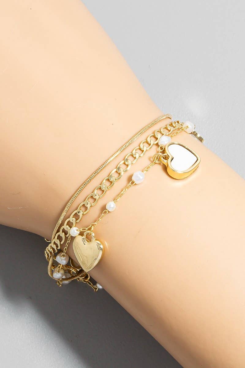 Mother Of Pearl Heart Charms Layered Chain Bracelet