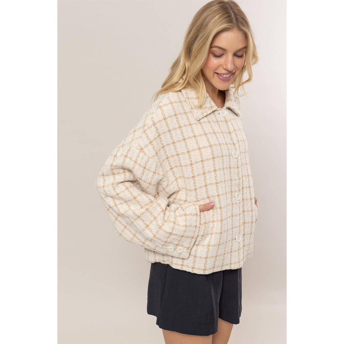 Tweed Plaid Oversized Jacket | Cream