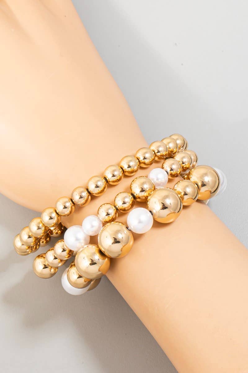 Large Pearl And Metallic Beaded Elastic Bracelet Set: G