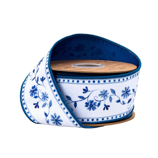 2 1/2" Wired Dupioni Ribbon | Blue Floral Vine on White w/ Blue Backing | 10 Yard Roll