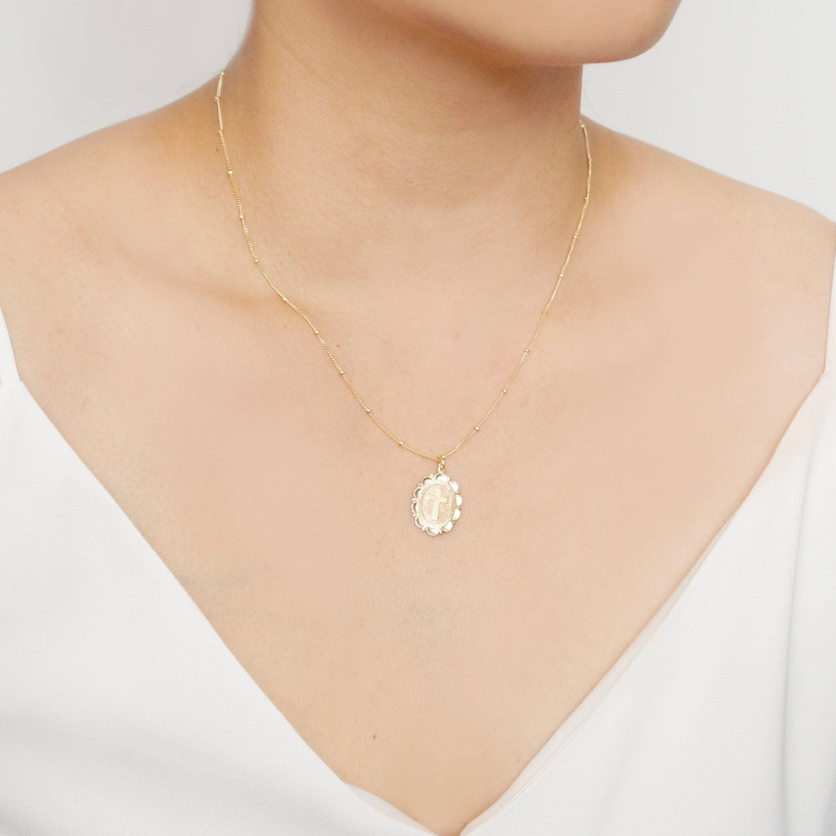 Cross Coin Medallion Necklace (Monet) in 14K Gold Fill: 14K Gold Fill, 16" Satellite
