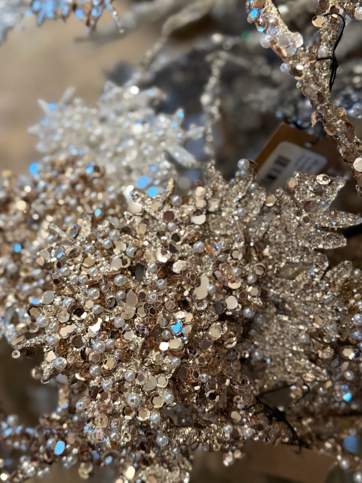 Snowflake Stem with Glitter & Faux Pearls, Champagne Finish | 24"H