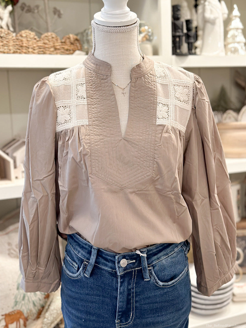Mocha 3/4 sleeve v neck top featuring crochet lace detail