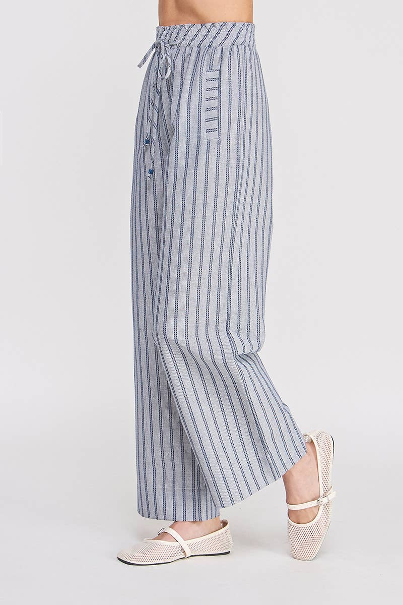 Striped Woven Smock Tie Waist Wide Leg Pants: Sand, M