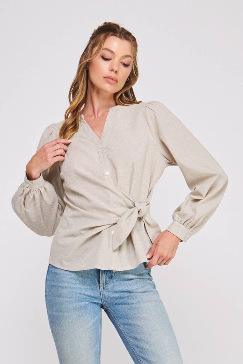 Striped cotton blend side wrap-tie button up blouse: NATURAL WHT, M