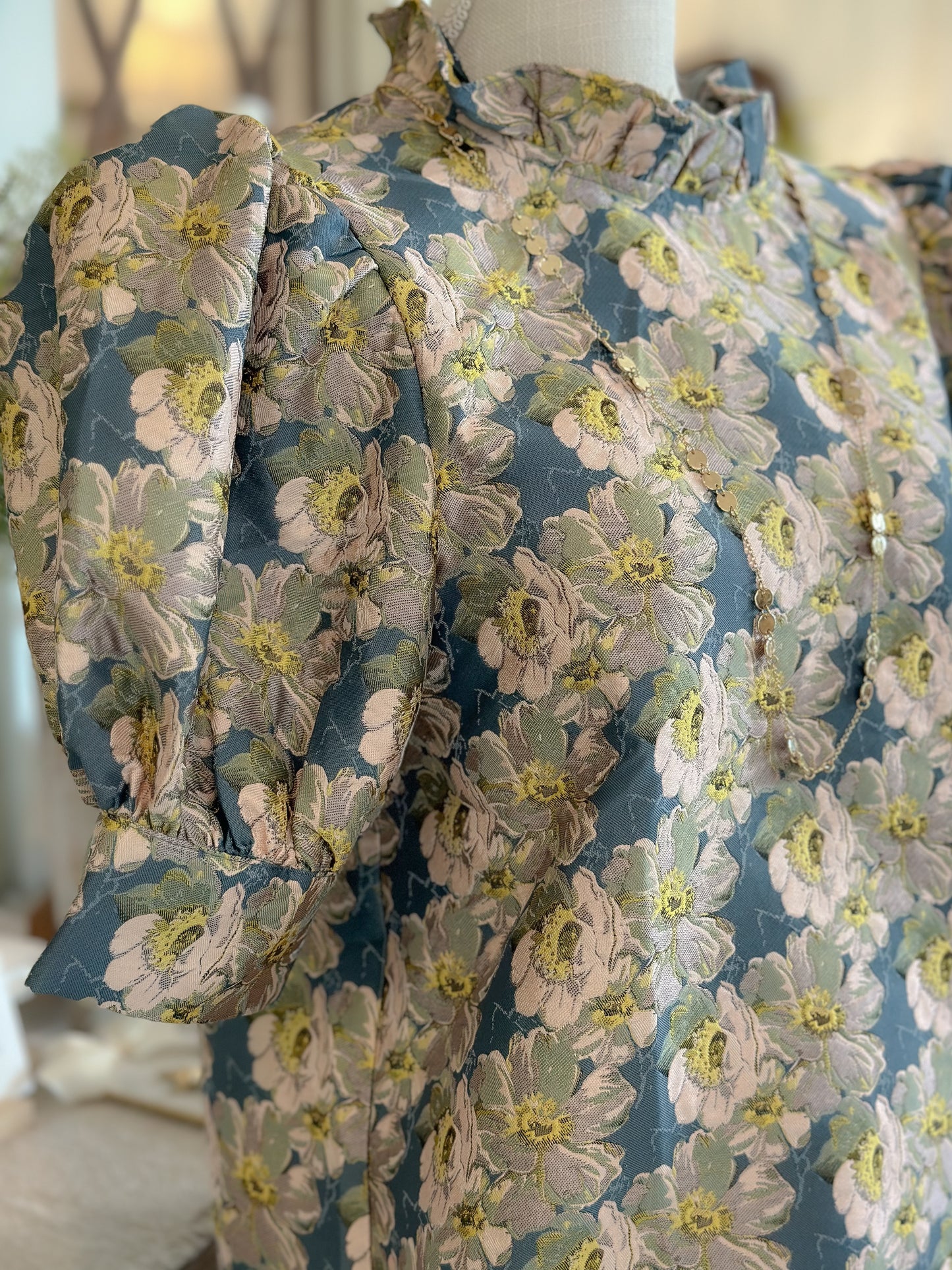 Slate Floral print jacquard ruffle neck puff sleeve top