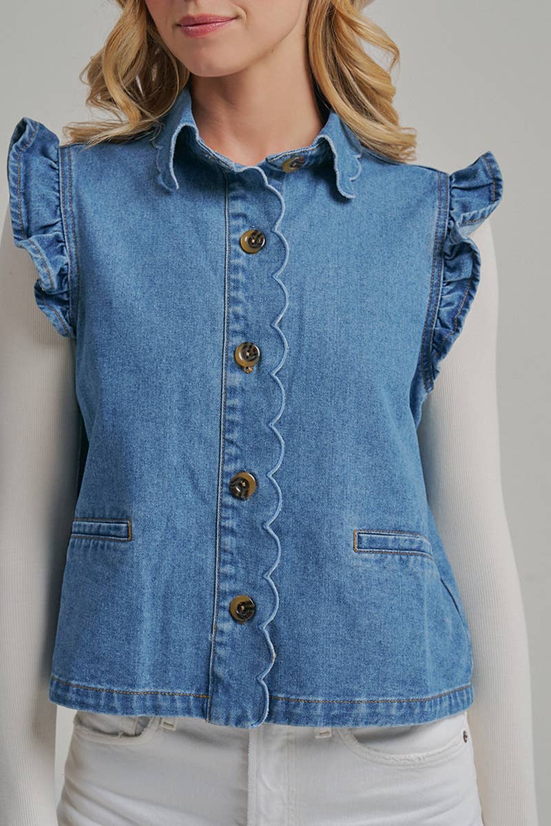 RUFFLED DENIM VEST WITH SCALLOPED COLLAR AND PLACKET BAND: DENIM, S-M-L(2-2-2)
