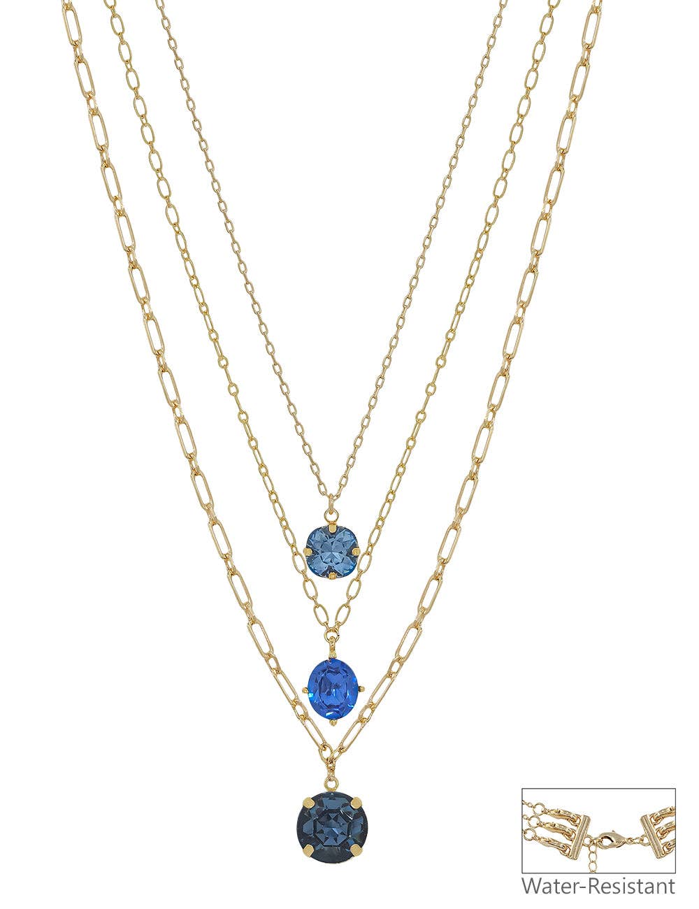 Water Resistant Gold Triple Layered Multi Way Blue Crystal Drop 16"-18" Necklace
