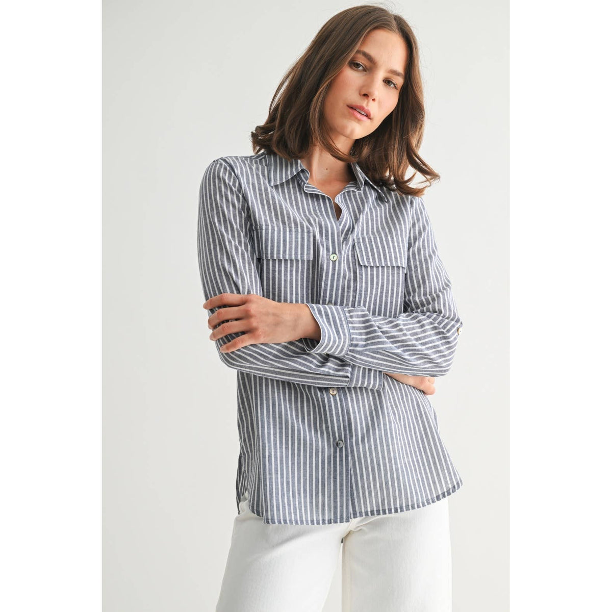 STRIPE 2POCKET SHIRTS: Navy, S-M-L(2-2-2)