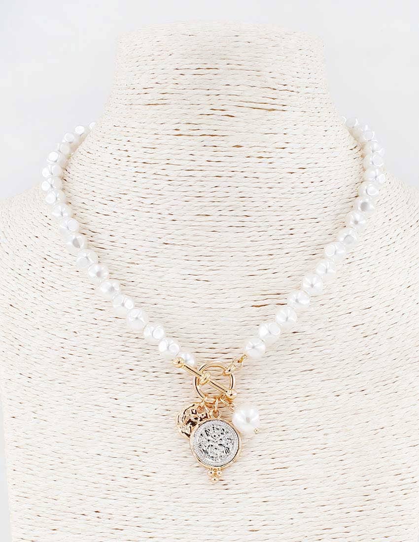 Freshwater Pearl with Gold and Silver Coin Drop 16"-18" Necklace