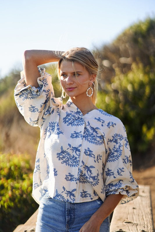 Cream & Blue Button Down Blouse