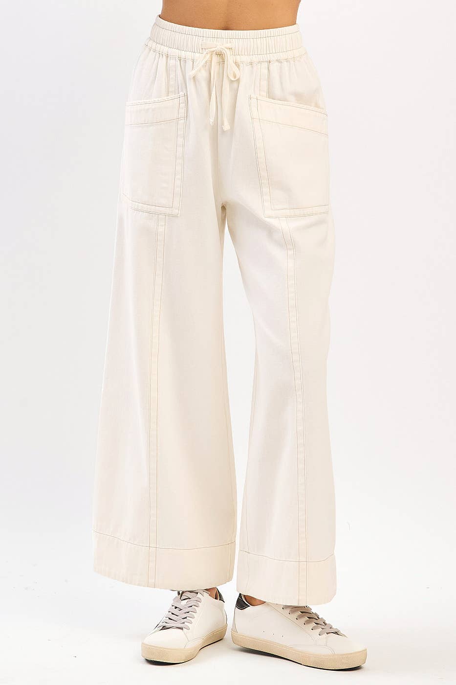 MINERAL WASH WIDE LEG ELASTIC WAIST TWILL PANTS: RED BEAN, S-M-L(2-2-2)