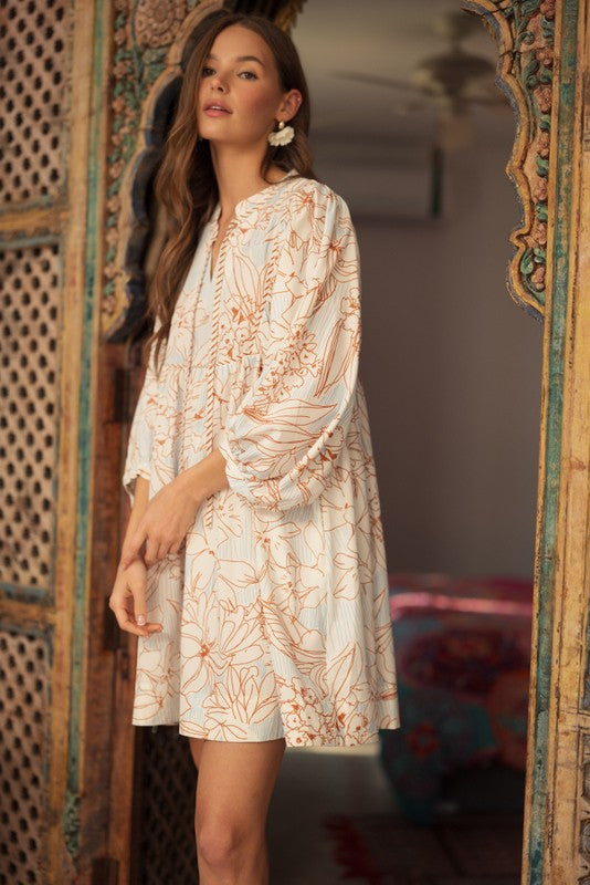 Toffee Flower Print 3/4 Sleeves Dress