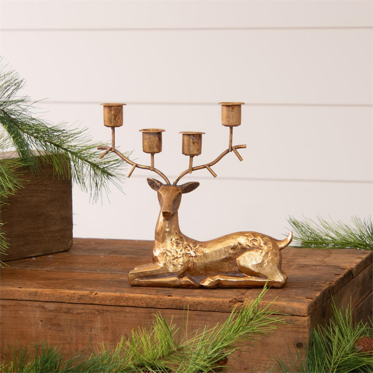 Laying Gold Tone Deer Candle Holder