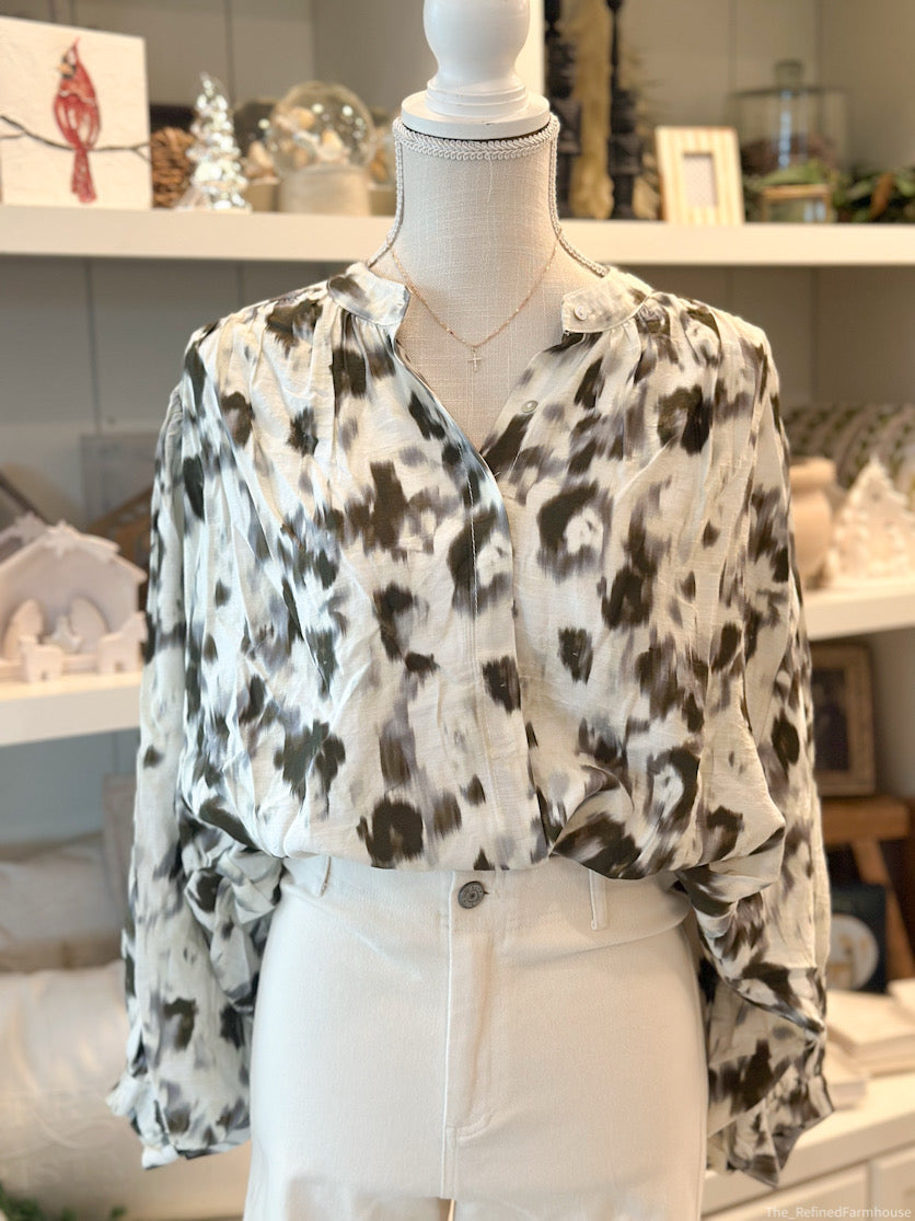 Olive Neck Band Button Down Print Shirts