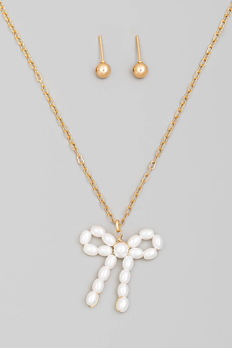 Pearl Beaded Ribbon Charm Necklace Set