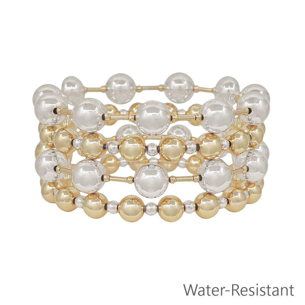 Water Resistant Gold and Silver Beaded 10MM Set of 4 Stretch Bracelets