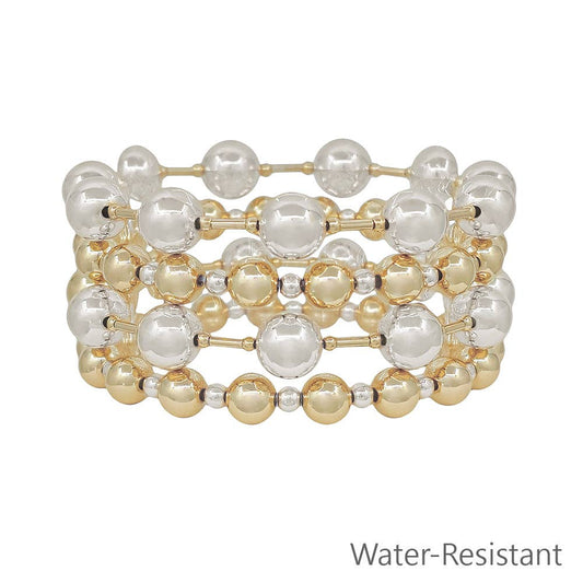 Water Resistant Gold and Silver Beaded 10MM Set of 4 Stretch Bracelets