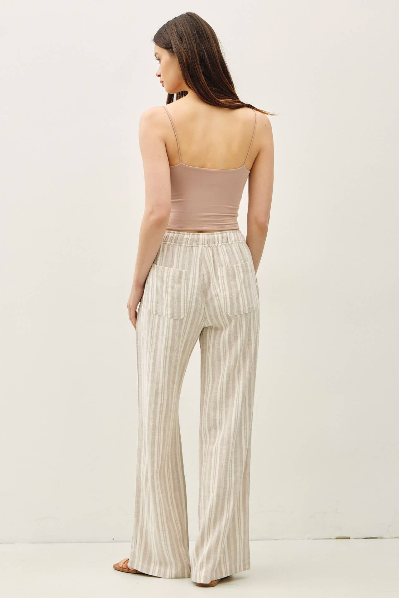 OMBRE STRIPED LINEN WIDE LEG PANTS: GREIGE, S