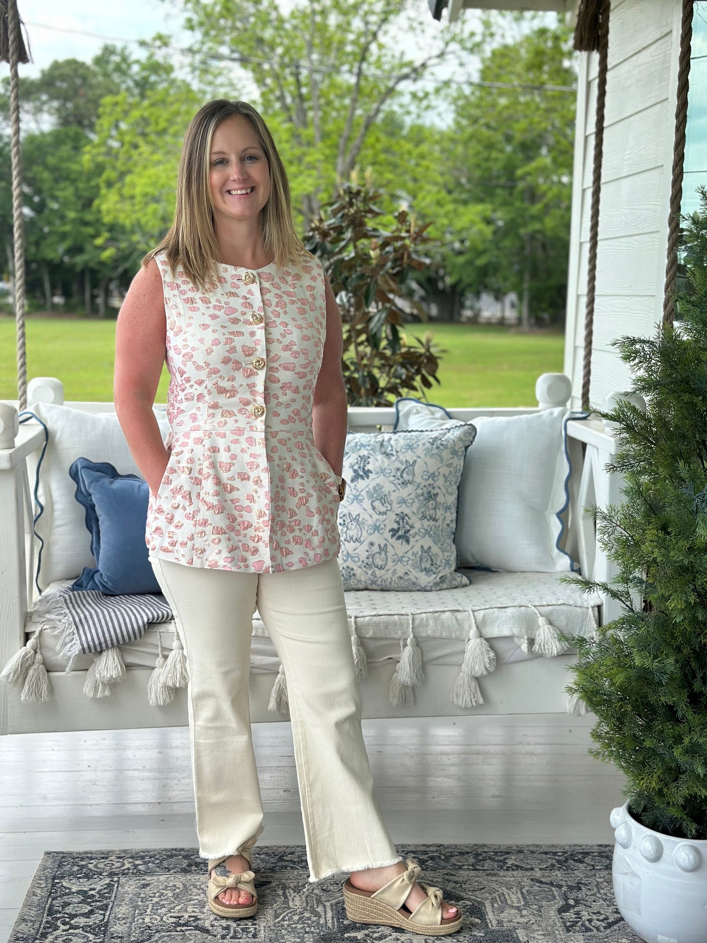 Pink Abstract Jacquard Gold Top