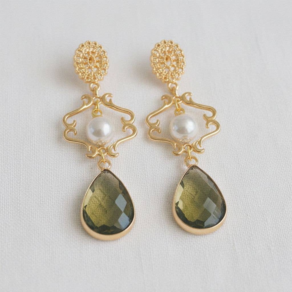 Pearl & Olive Green Crystal Dangle Earrings