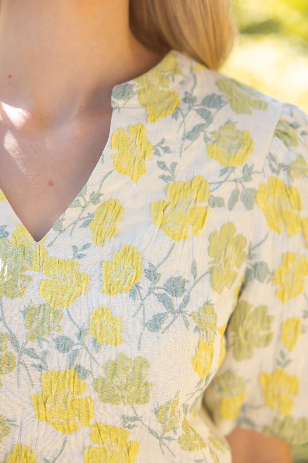 Floral Jaquard Puff Sleeve Top/yellow