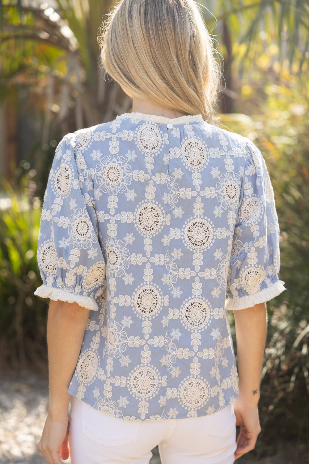 Embroidered Cotton Fringe Detailed Summer Top Slate Blue