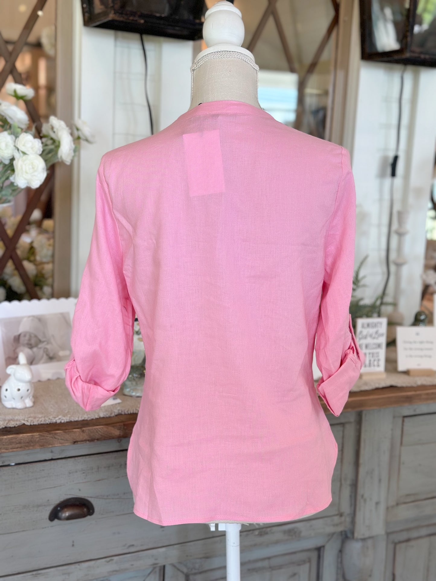 Pink Linen Button-Down Shirt