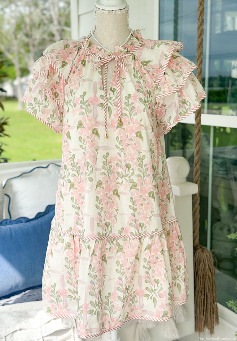 Pink Floral print triple layer ruffle Dress
