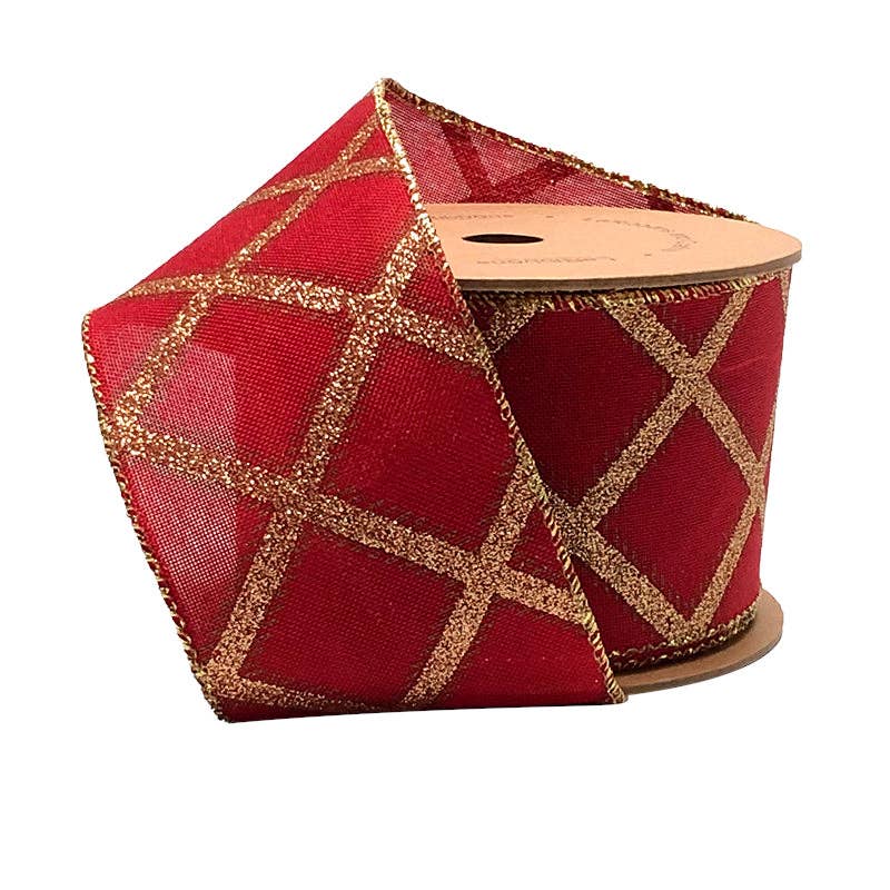 2 1/2" Holiday Wired Ribbon | "Diamond Pattern" Berry/Gold | 10 Yard Roll