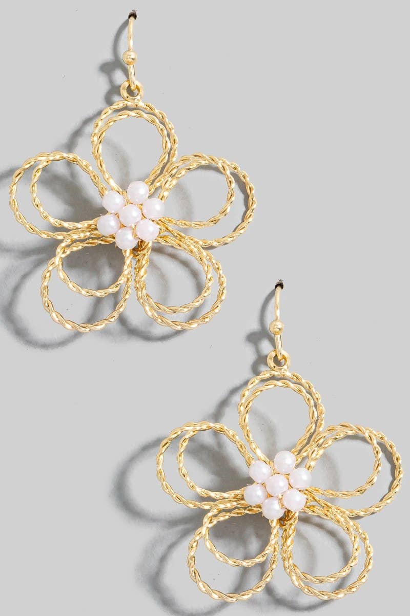 Pearl Cluster Studs Wire Flower Dangle Earrings Gold