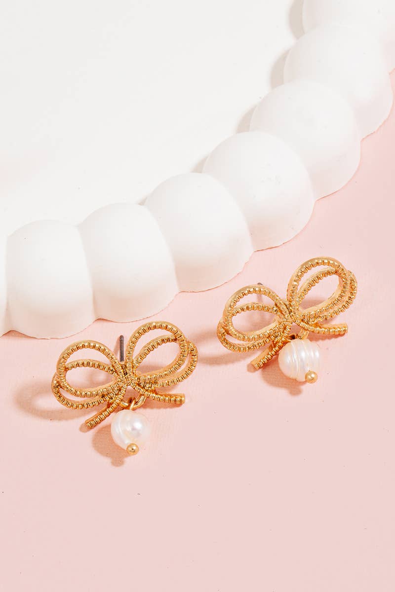 Pearl Charm Ribbon Bow Stud Earrings: WGCRM