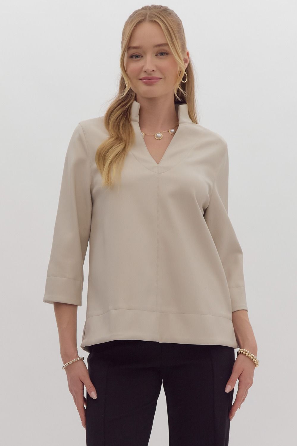 Ecru Faux Leather V-Neck 3/4 Sleeve Top