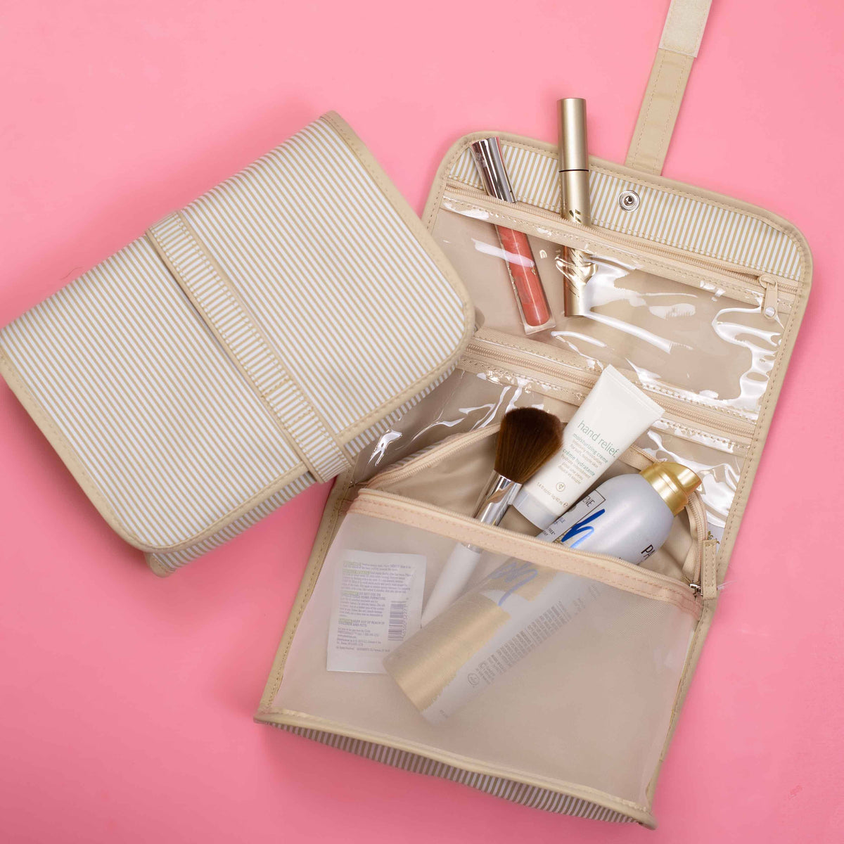 Pinstripe Travel Cosmetic-White/Shell   9.75x8x2.75