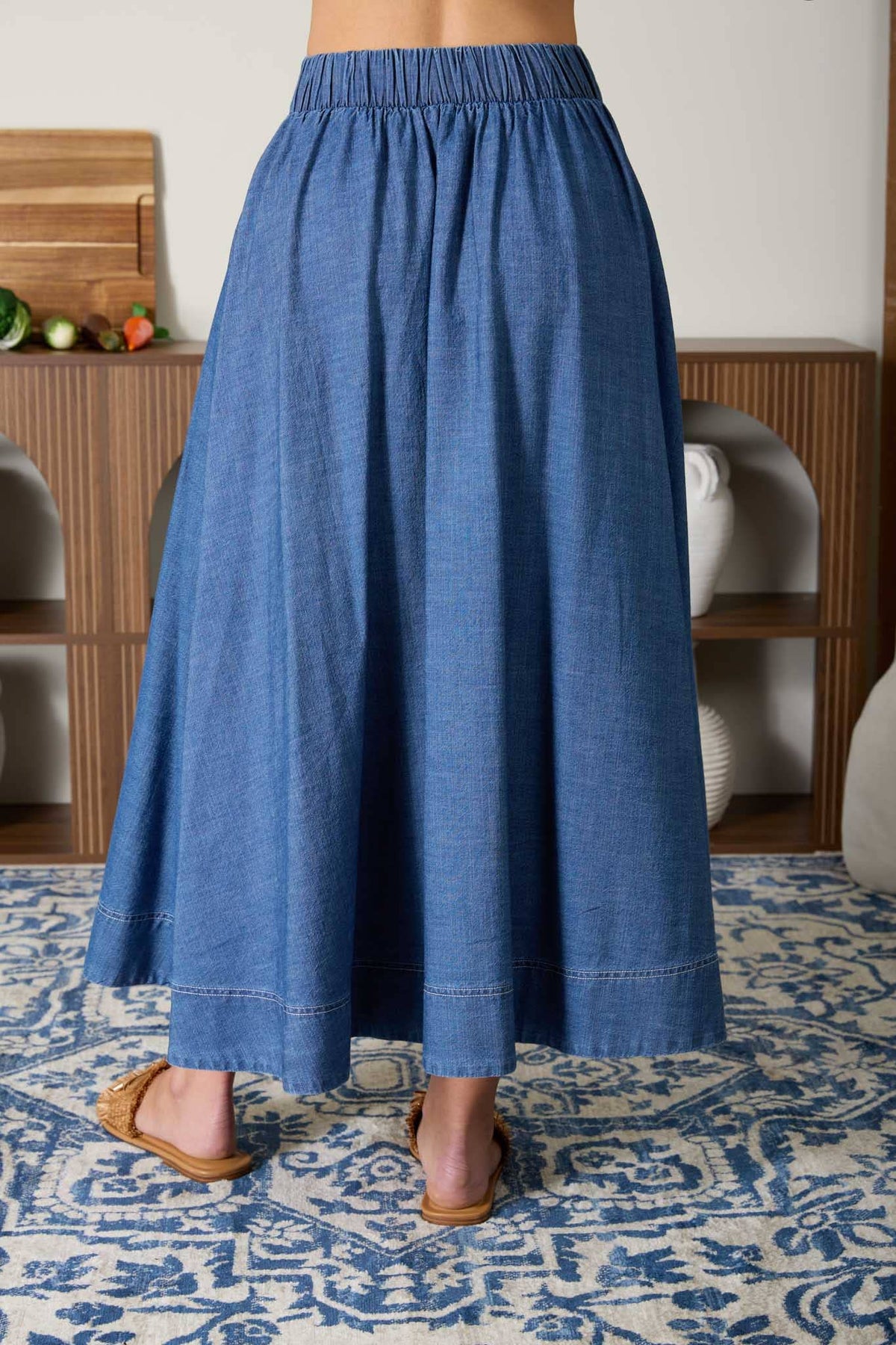 PLEATED HIGH WAIST DENIM MIDI SKIRT : DENIM