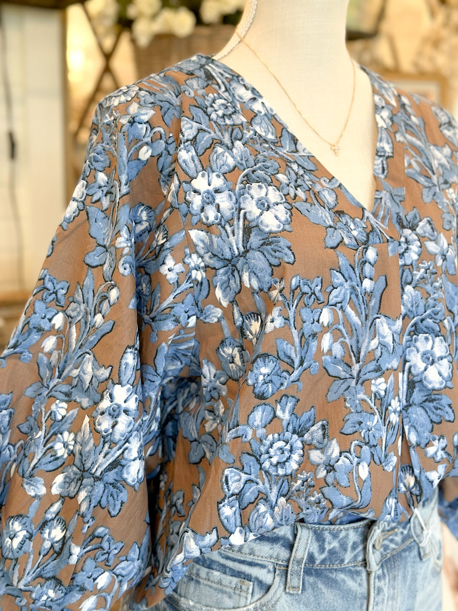 Floral Print 3/4 Balloon Sleeves Top - Mocha
